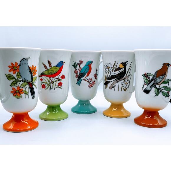 Vibrant Vintage FRED ROBERTS Pedestal Footed Song Bird Mugs MCM - Picture 3 of 6